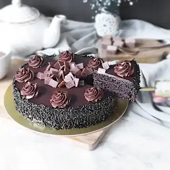 pdecadentchocolatetrufflecakeandredrosesbouquetcombo3905873