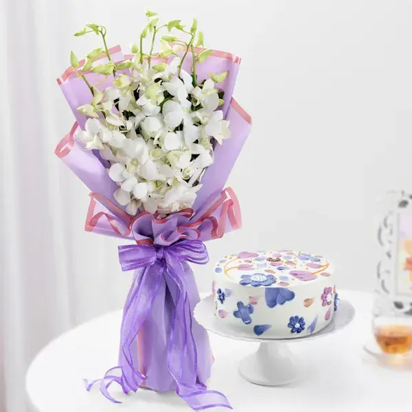 Floral Bliss Cake And Charming Orchids Bouquet Combo "Romantic Duo"